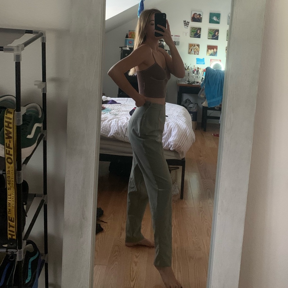 green thrifted pinstripe slacks